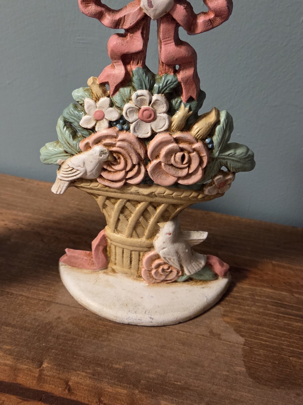 Decorative Floral Basket Door Stop in Pink and Cream Cast Iron